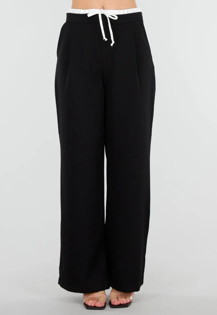 Zwarte Wide Leg Broek met Witte Tailleband en Strikdetail