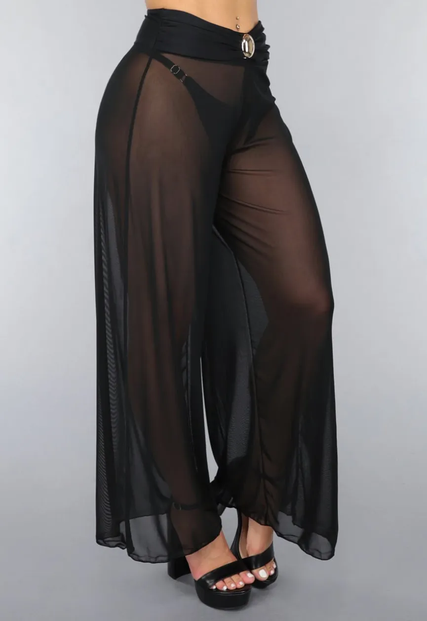 Zwarte Wide Leg Cover-Up Broek met Statement Detail