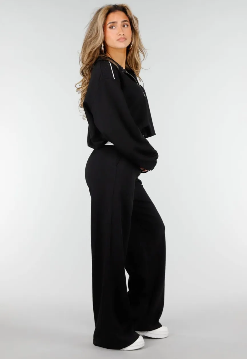 Zwarte Wide Leg Joggingbroek met Elastische Taille en Stretch