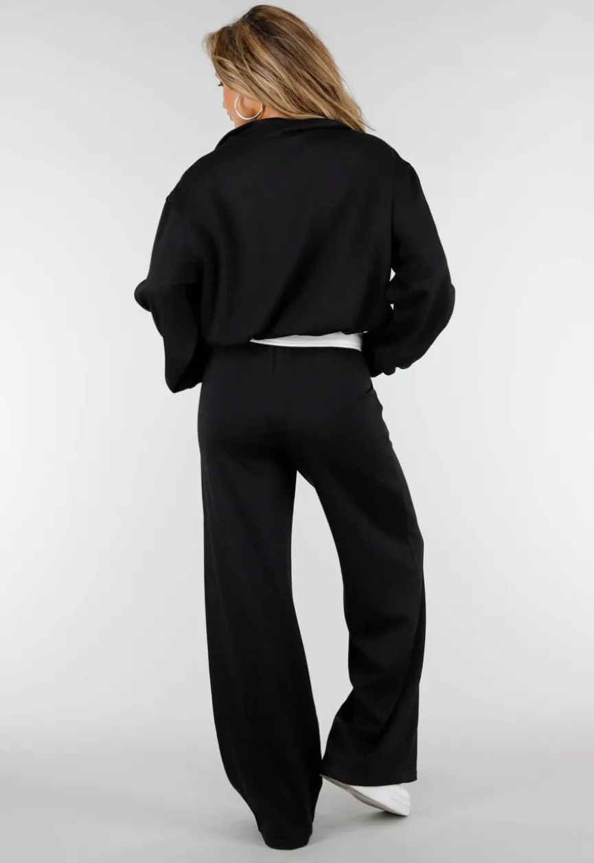 Zwarte Wide Leg Joggingbroek met Elastische Taille en Stretch