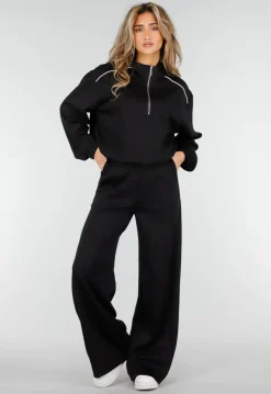 Zwarte Wide Leg Joggingbroek met Elastische Taille en Stretch