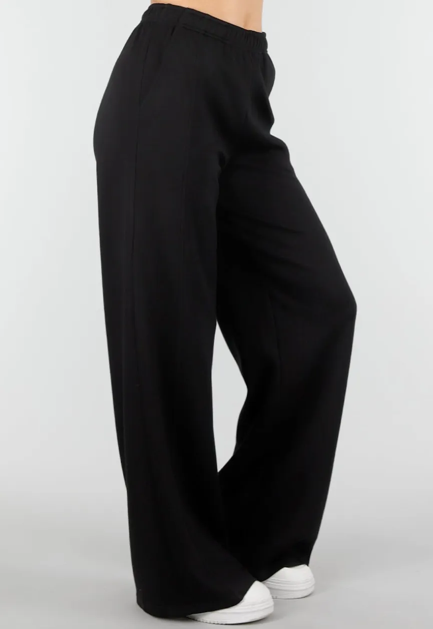 Zwarte Wide Leg Joggingbroek met Elastische Taille en Stretch