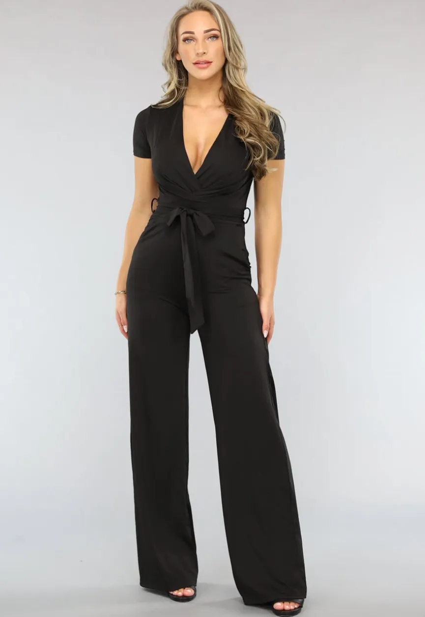 Zwarte Wide Leg Jumpsuit met Korte Mouwen en Tailleband