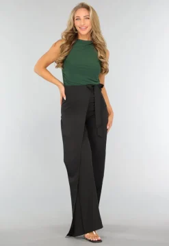 Zwarte Wide Leg Overslag Pantalon met Strikdetail