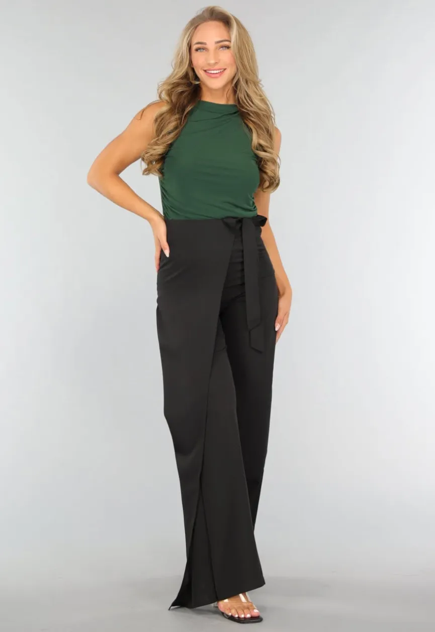 Zwarte Wide Leg Overslag Pantalon met Strikdetail