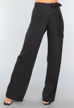 Zwarte Wide Leg Overslag Pantalon met Strikdetail