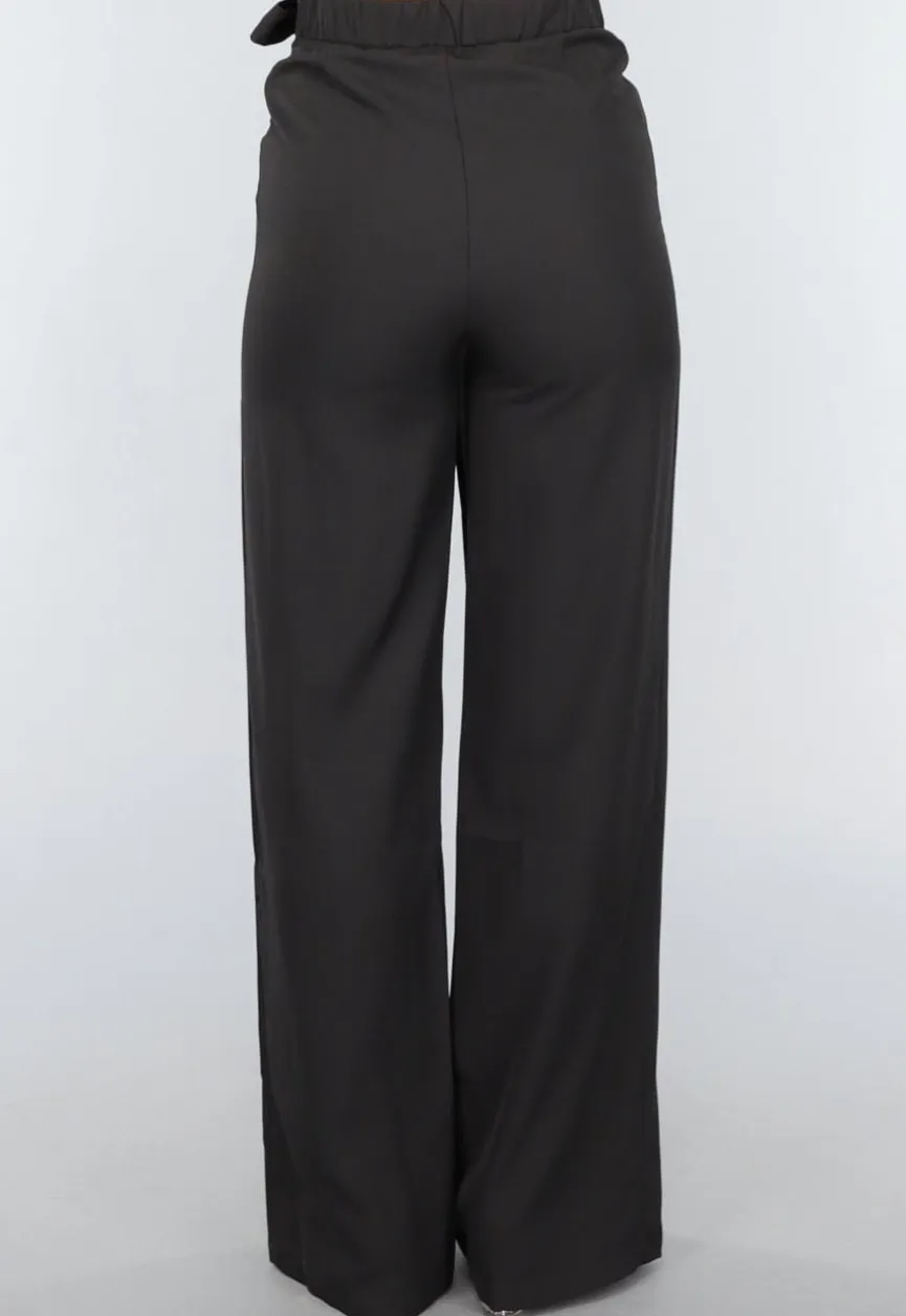 Zwarte Wide Leg Overslag Pantalon met Strikdetail