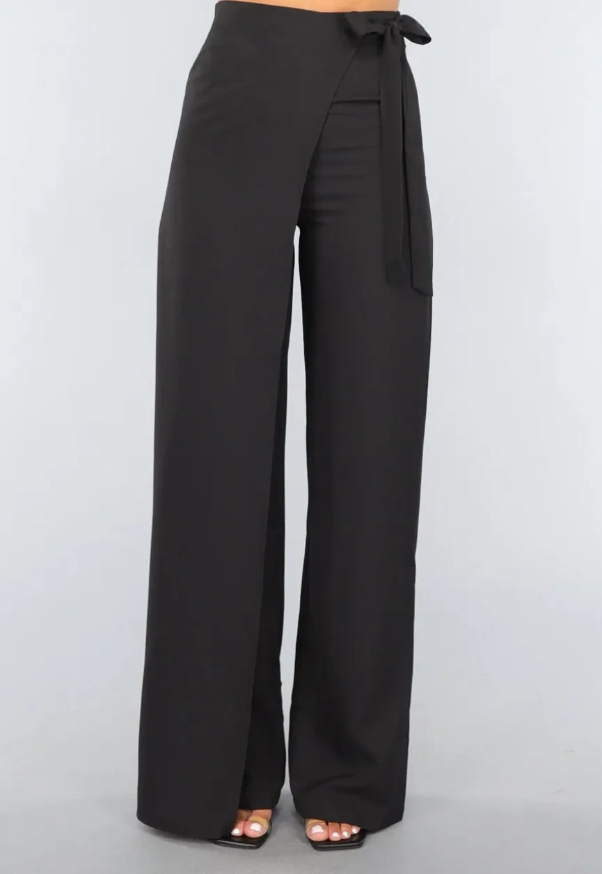 Zwarte Wide Leg Overslag Pantalon met Strikdetail