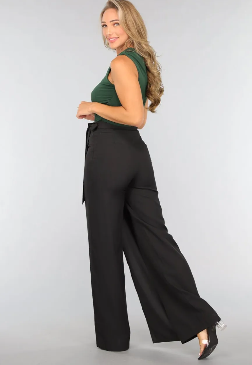 Zwarte Wide Leg Overslag Pantalon met Strikdetail