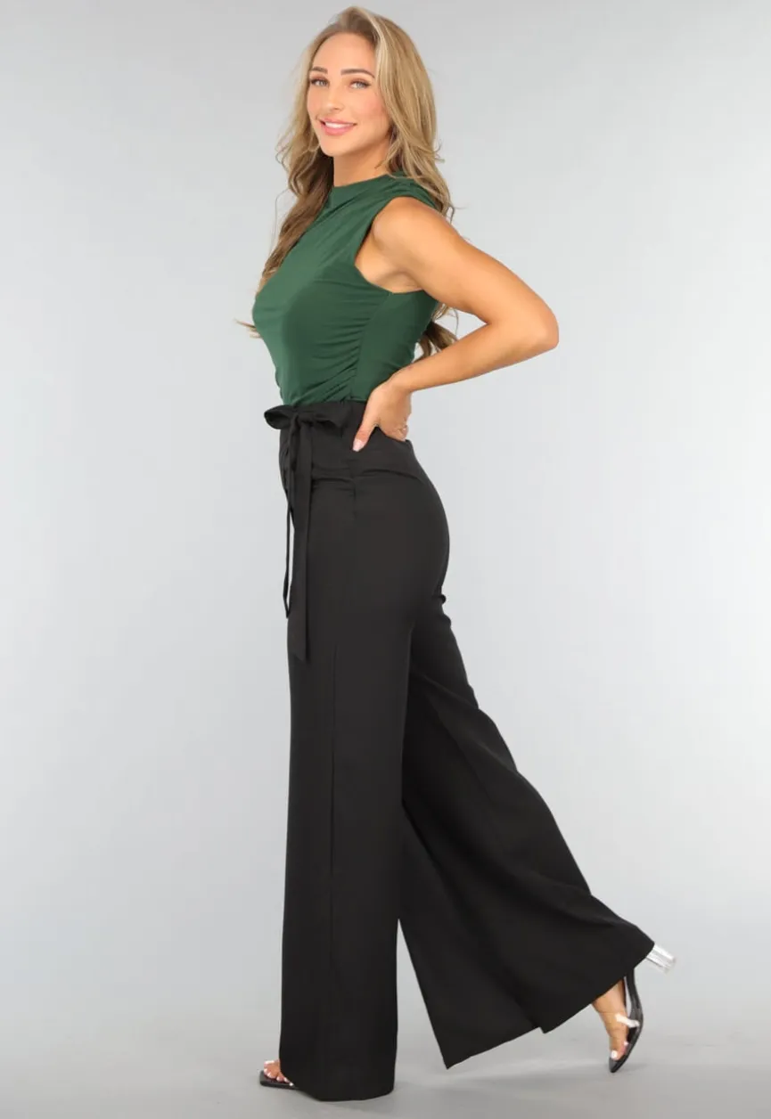 Zwarte Wide Leg Overslag Pantalon met Strikdetail