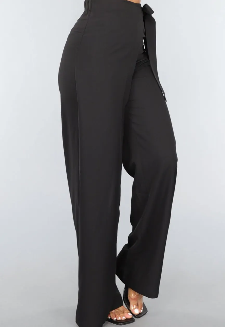Zwarte Wide Leg Overslag Pantalon met Strikdetail