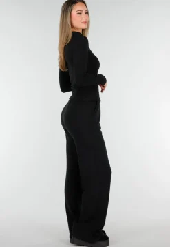 Zwarte Zachte Stretch Top met Col en Lange Mouwen