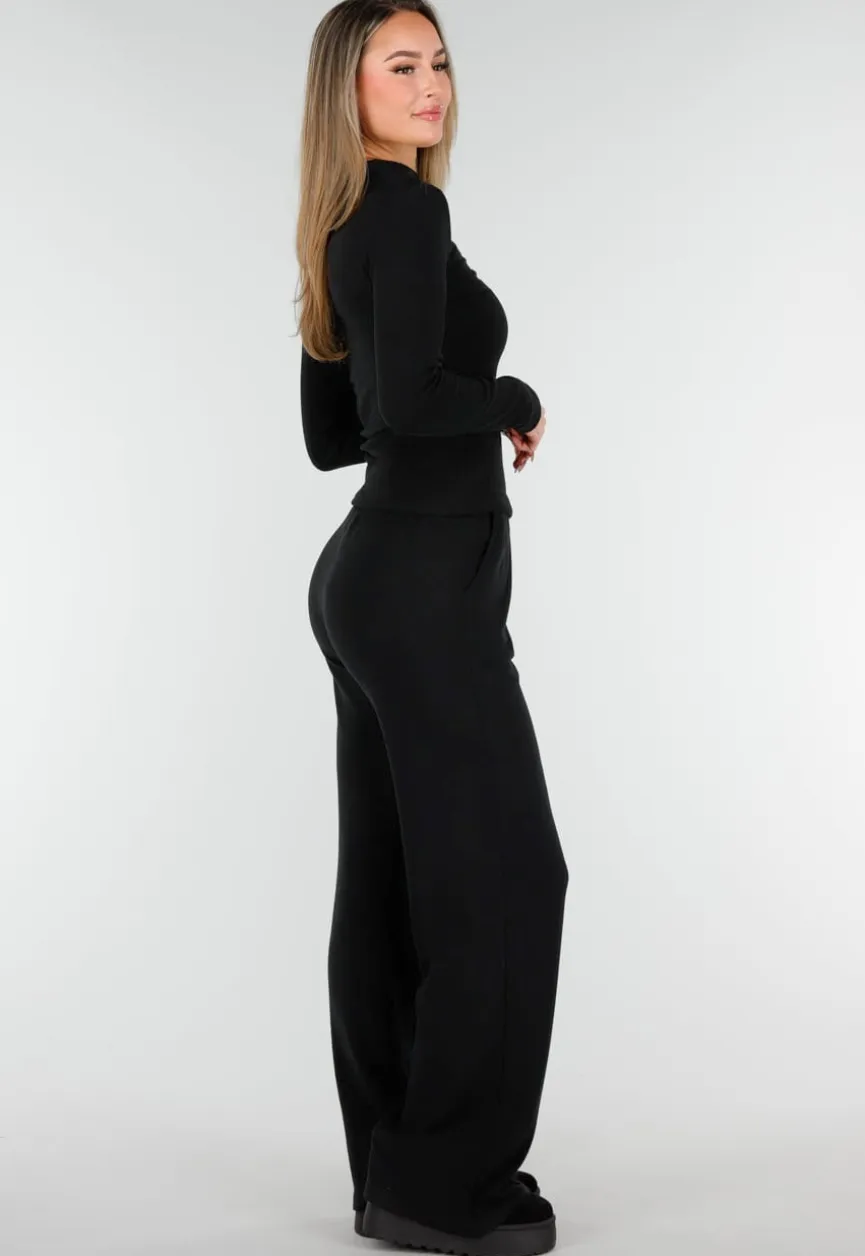 Zwarte Zachte Stretch Top met Col en Lange Mouwen