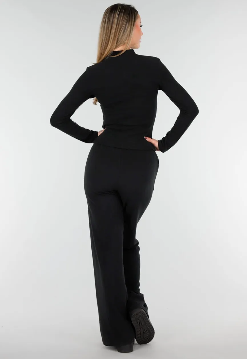 Zwarte Zachte Stretch Top met Col en Lange Mouwen