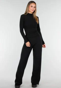 Zwarte Zachte Stretch Top met Col en Lange Mouwen