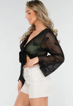 Zwart Gehaakte Top met Hartjes Print en Knoopdetail
