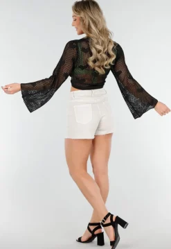 Zwart Gehaakte Top met Hartjes Print en Knoopdetail