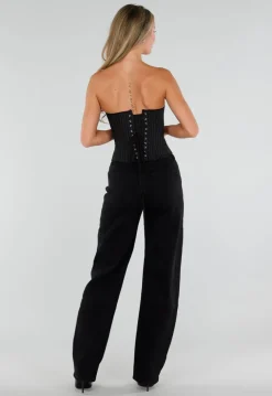 Zwart Gestreept Strapless Korset met Vetersluiting en Rits