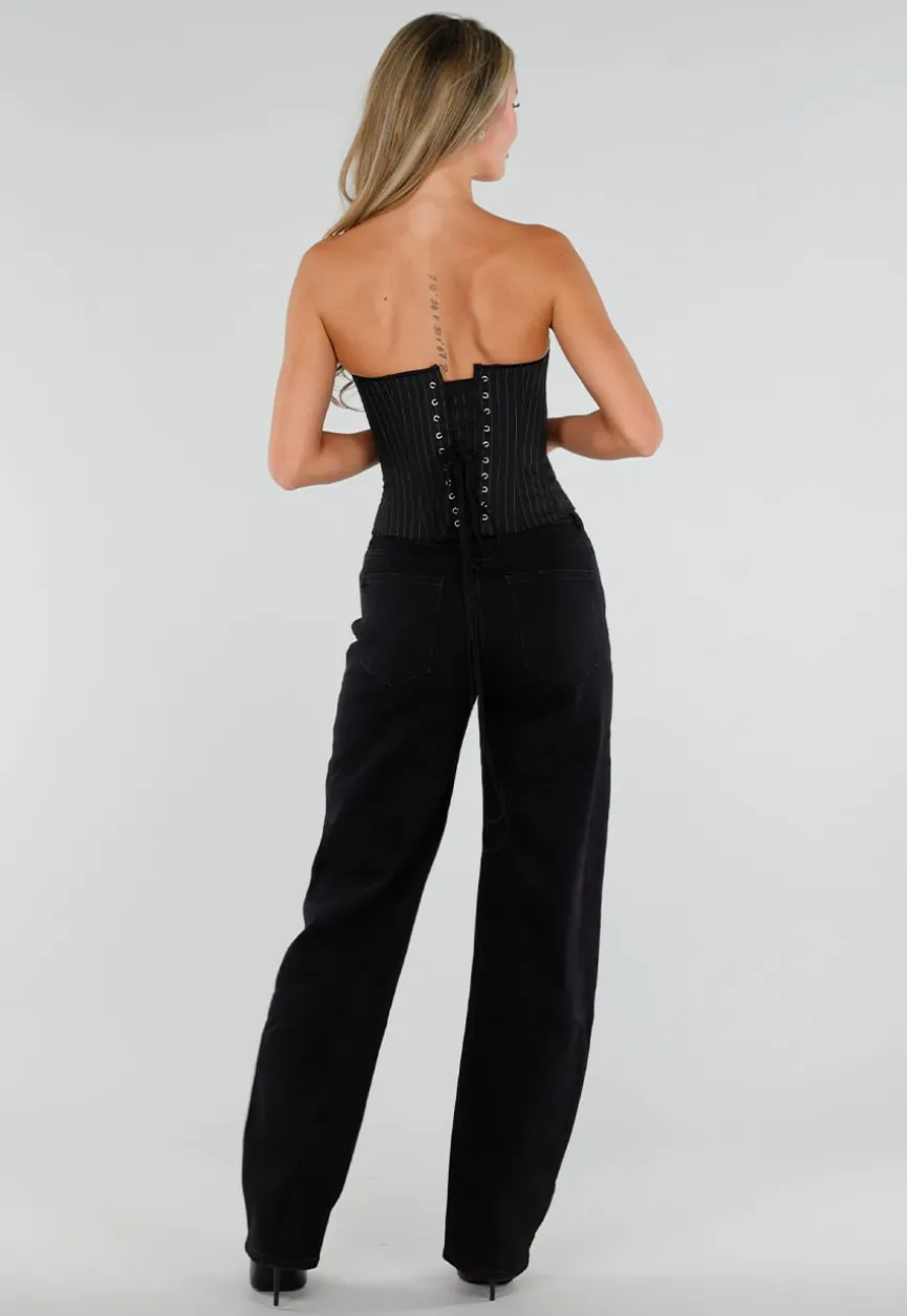 Zwart Gestreept Strapless Korset met Vetersluiting en Rits