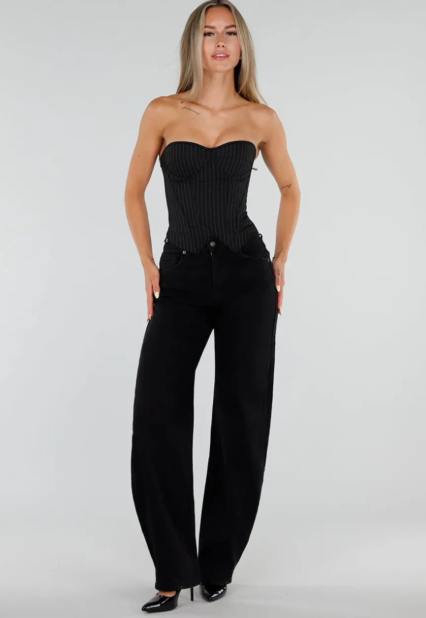 Zwart Gestreept Strapless Korset met Vetersluiting en Rits
