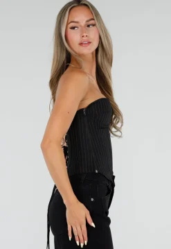 Zwart Gestreept Strapless Korset met Vetersluiting en Rits