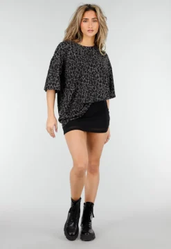 Zwart Grijs Oversized Cheetahprint T-shirt met Korte Mouwen