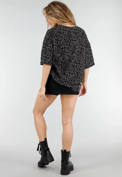 Zwart Grijs Oversized Cheetahprint T-shirt met Korte Mouwen