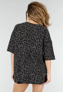 Zwart Grijs Oversized Cheetahprint T-shirt met Korte Mouwen