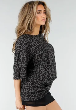Zwart Grijs Oversized Cheetahprint T-shirt met Korte Mouwen
