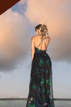 Zwart/Groene Pailletten Jurk met Dubbele Split