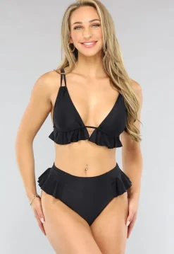 Zwart High Waist Maxi Bikinibroekje met Ruches