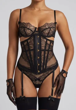 Zwart Kanten Lingerie Set met Korset en Jarretels