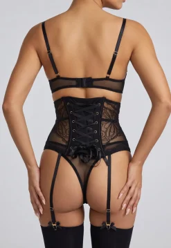 Zwart Kanten Lingerie Set met Korset en Jarretels