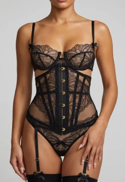 Zwart Kanten Lingerie Set met Korset en Jarretels