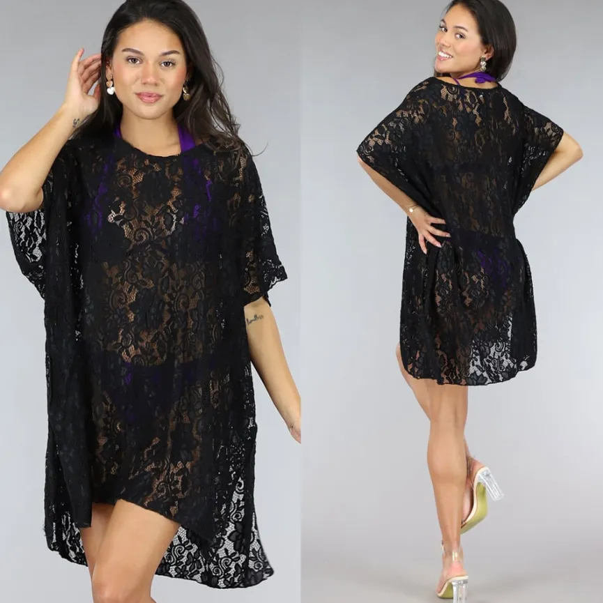 Zwart Kanten Loose-Fit Strandtuniek