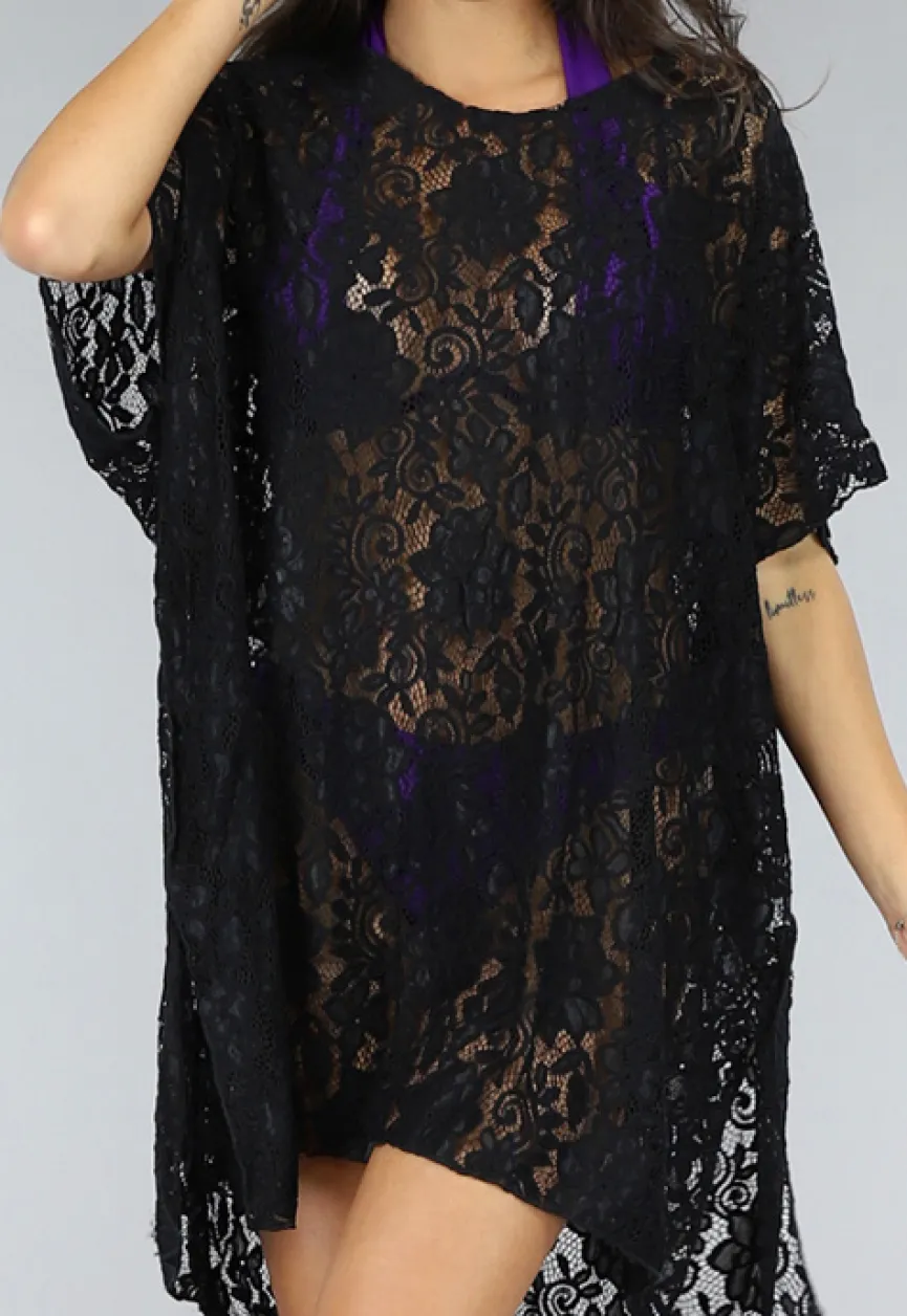 Zwart Kanten Loose-Fit Strandtuniek