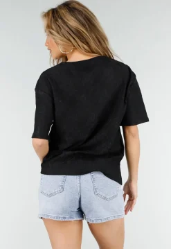 Zwart Kanten T-shirt met Korte Mouwen en Ronde Hals