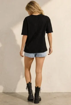 Zwart Kanten T-shirt met Korte Mouwen en Ronde Hals