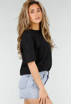 Zwart Kanten T-shirt met Korte Mouwen en Ronde Hals