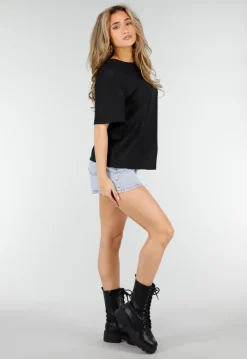 Zwart Kanten T-shirt met Korte Mouwen en Ronde Hals