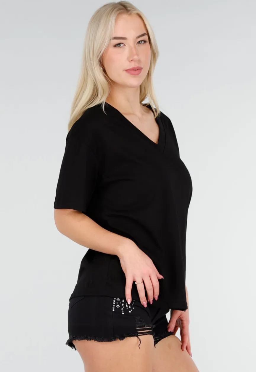 Zwart Katoenen T Shirt met V Hals en Korte Mouwen