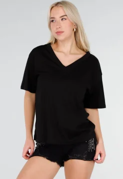 Zwart Katoenen T Shirt met V Hals en Korte Mouwen