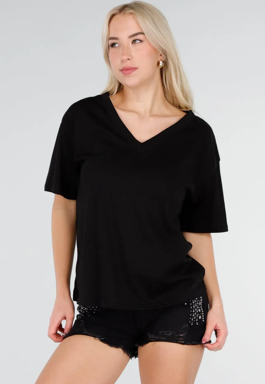 Zwart Katoenen T Shirt met V Hals en Korte Mouwen