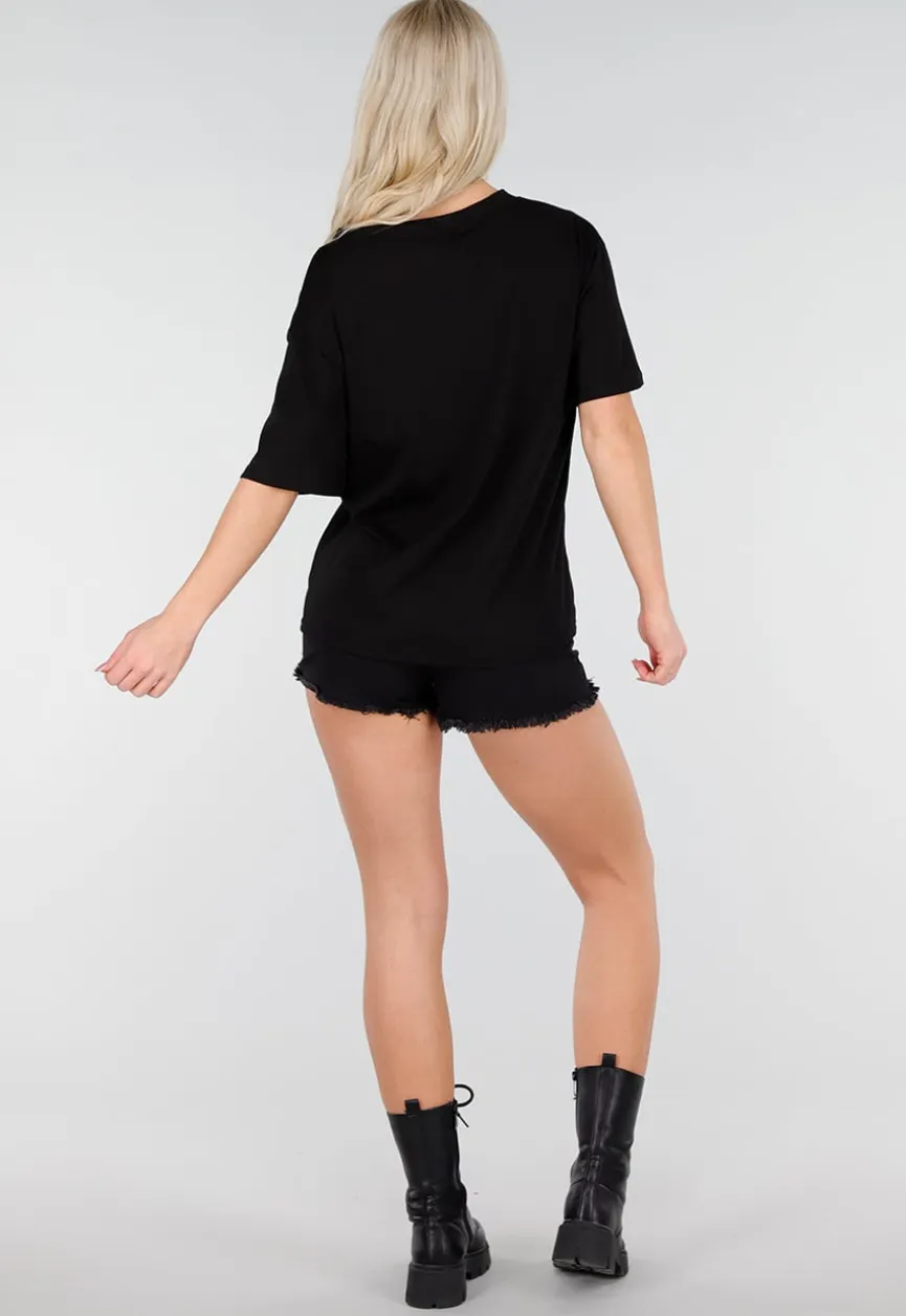 Zwart Katoenen T Shirt met V Hals en Korte Mouwen