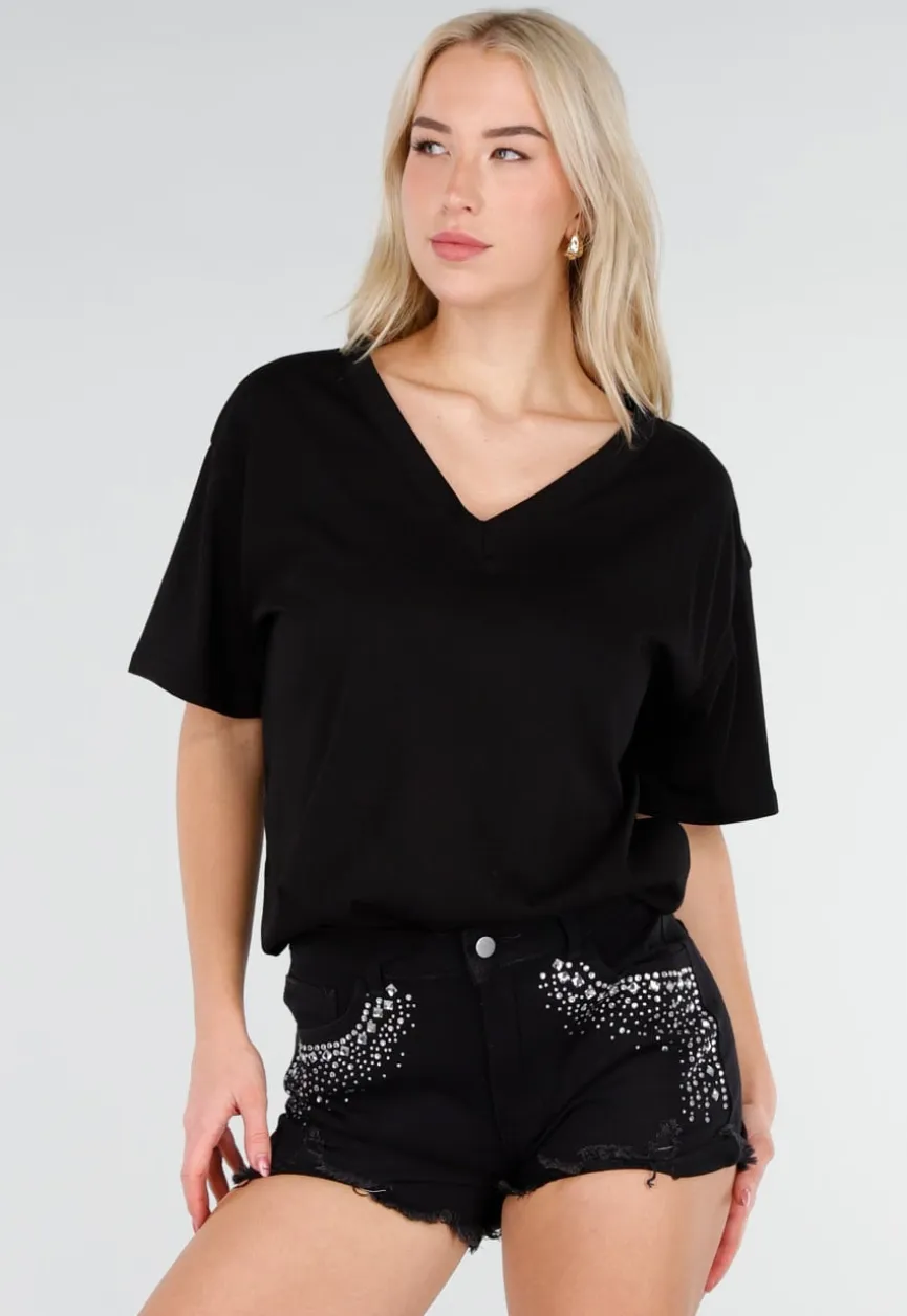 Zwart Katoenen T Shirt met V Hals en Korte Mouwen