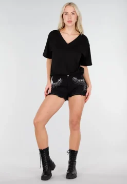Zwart Katoenen T Shirt met V Hals en Korte Mouwen