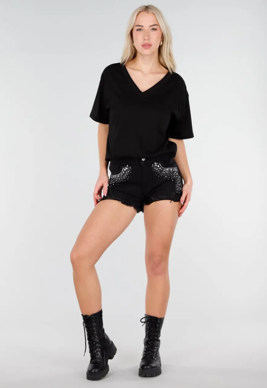 Zwart Katoenen T Shirt met V Hals en Korte Mouwen