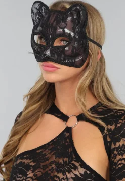 Zwart Katten Masker met Bloemen Kant