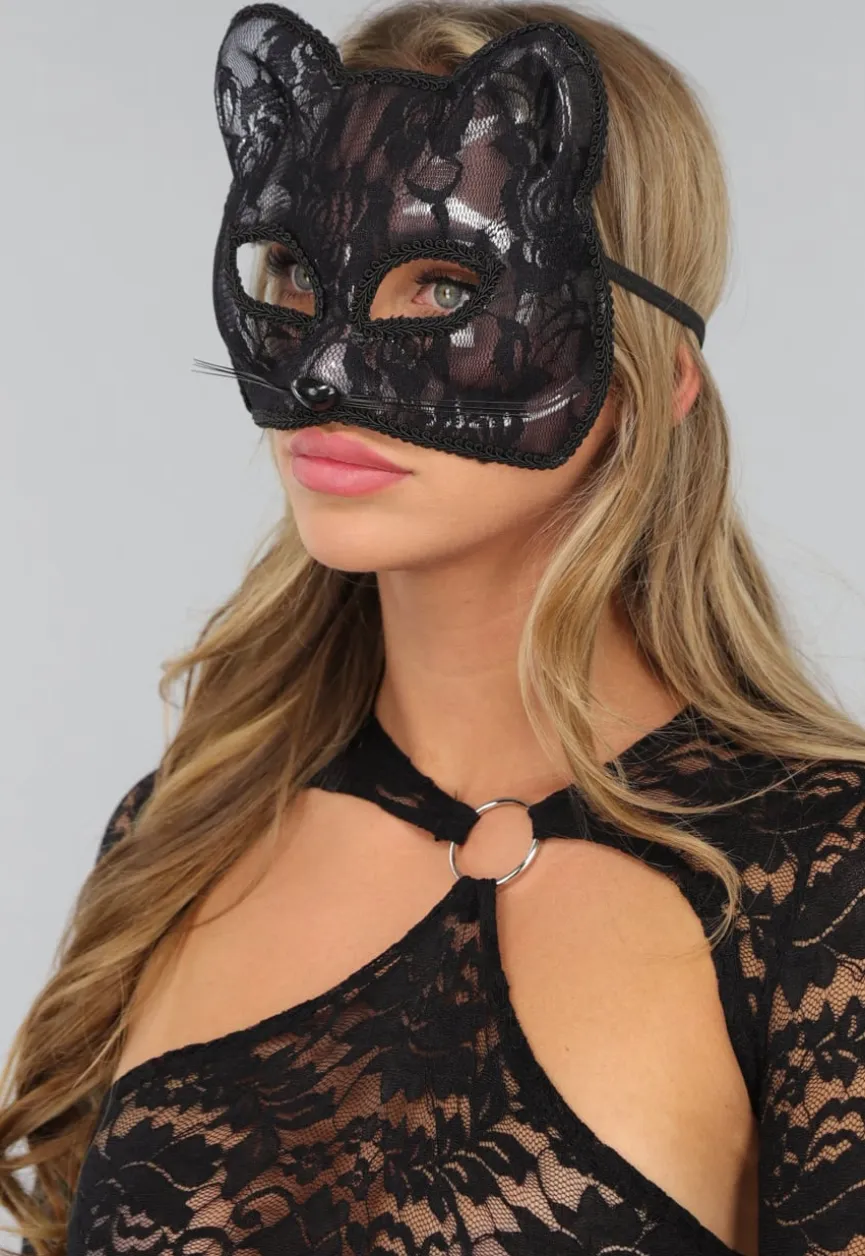 Zwart Katten Masker met Bloemen Kant