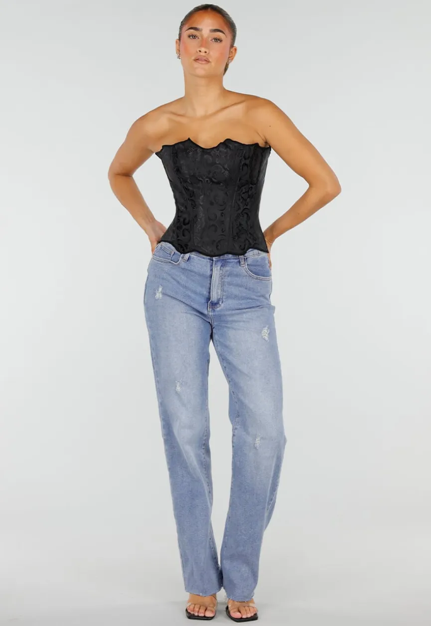 Zwart Korset met Jacquard Print, Baleinen en Vetersluiting